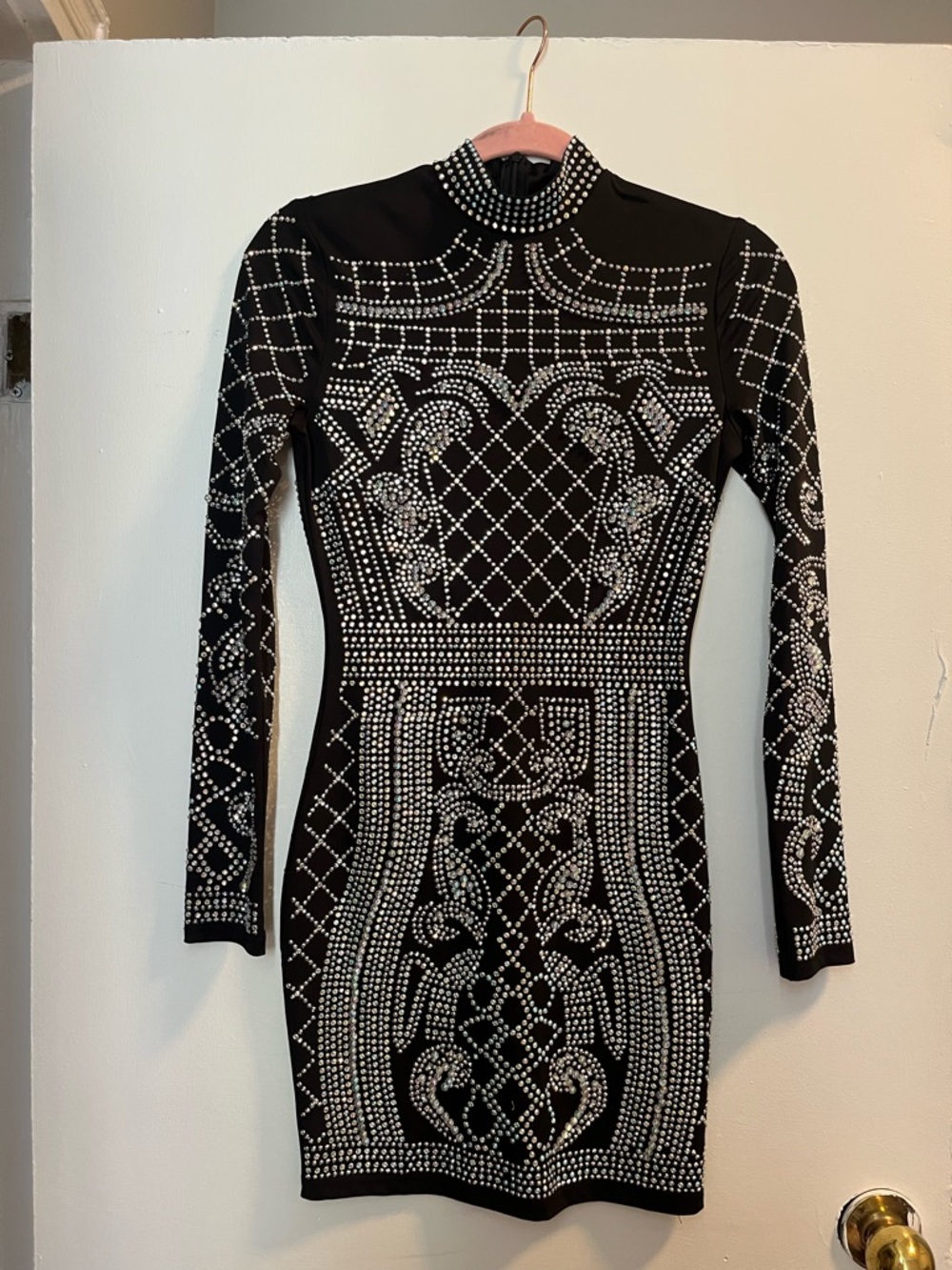 Banjul Black Long-Sleeve Rhinestone-Embellished Bodycon Dress